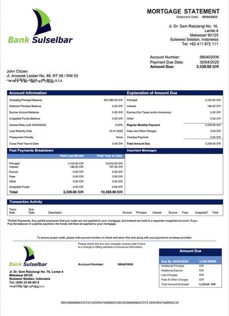 Download Indonesia Bank Sulselbar mortgage statement Word and PDF template Photoshop template